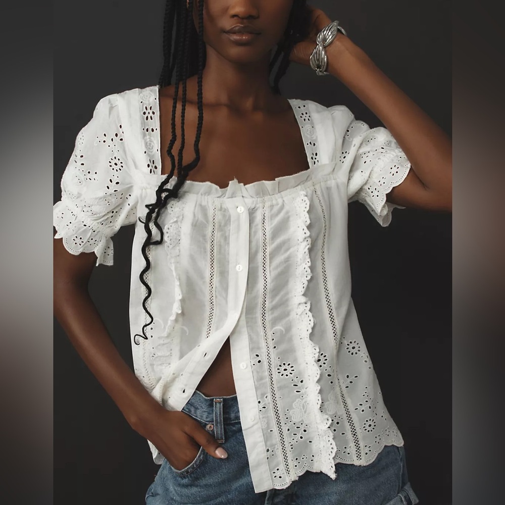 By Anthropologie Puff-Sleeve Eyelet Top